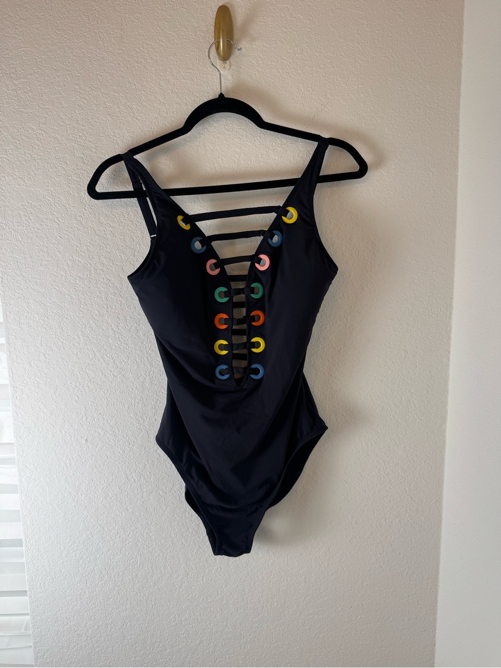 Bleu Rod Beattie Black One-Piece with Rainbow Eyelet Lacing swimsuit size 8